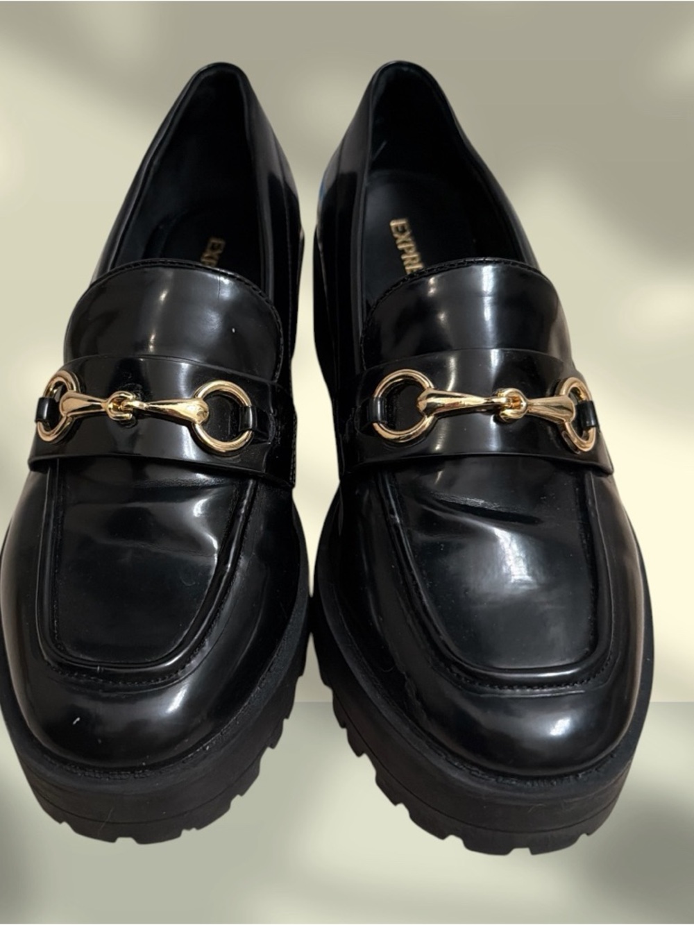 Express Black Patent Loafers with Gold Bit Hardware